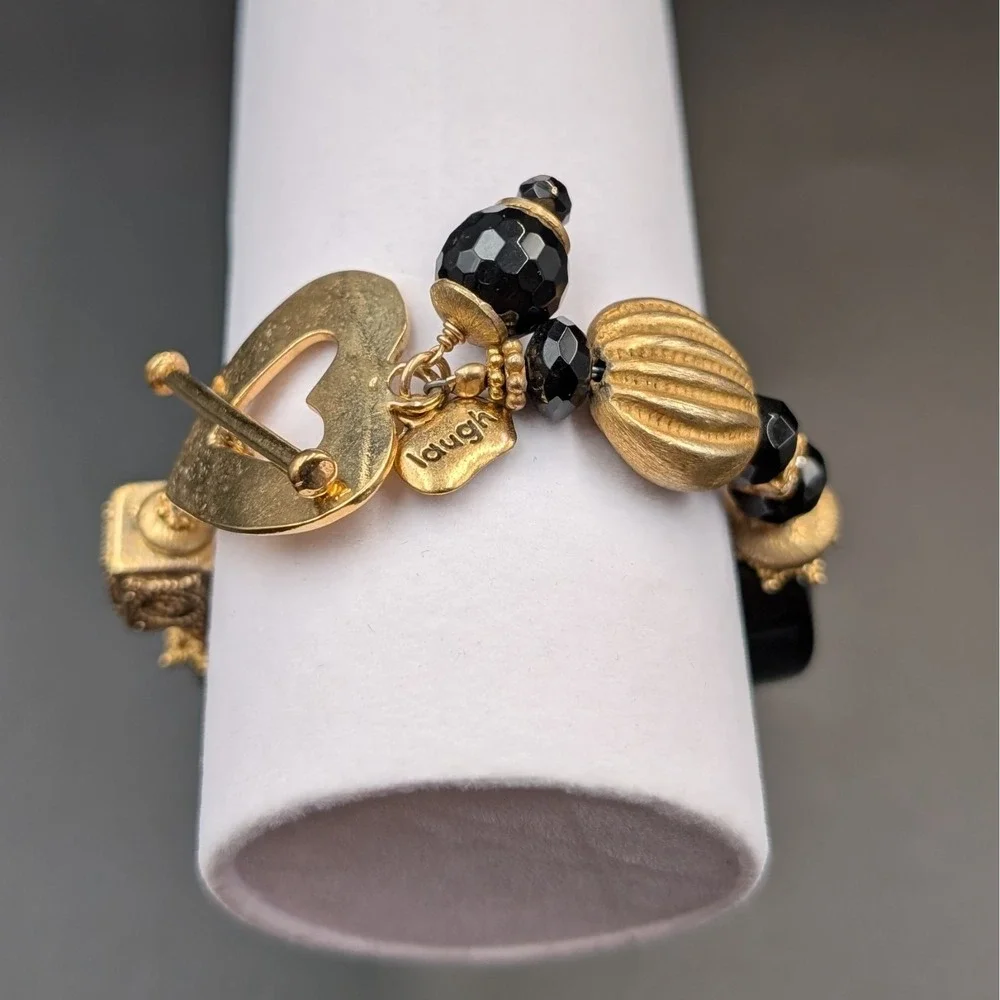 Vintage Gold‎ Heart Dangle Brooch Black Beads Elegant Statement Pin 7in